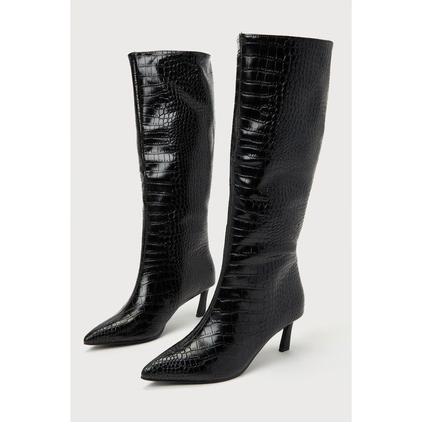Steve Madden Lavan Black Croc-Embossed Leather Kitten Heel Knee-High Boots